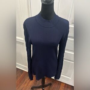 White House Black Market Navy Back Zip Mock Neck Woven Sleeve Sweater Sz Xl EUC